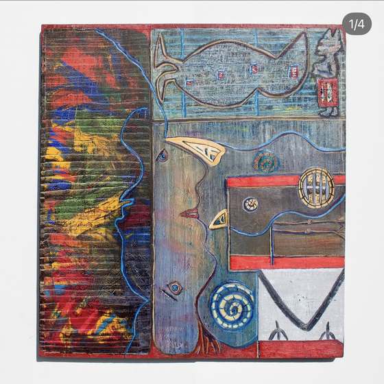 Flipped Out, a carved and painted wood panel, first orientation