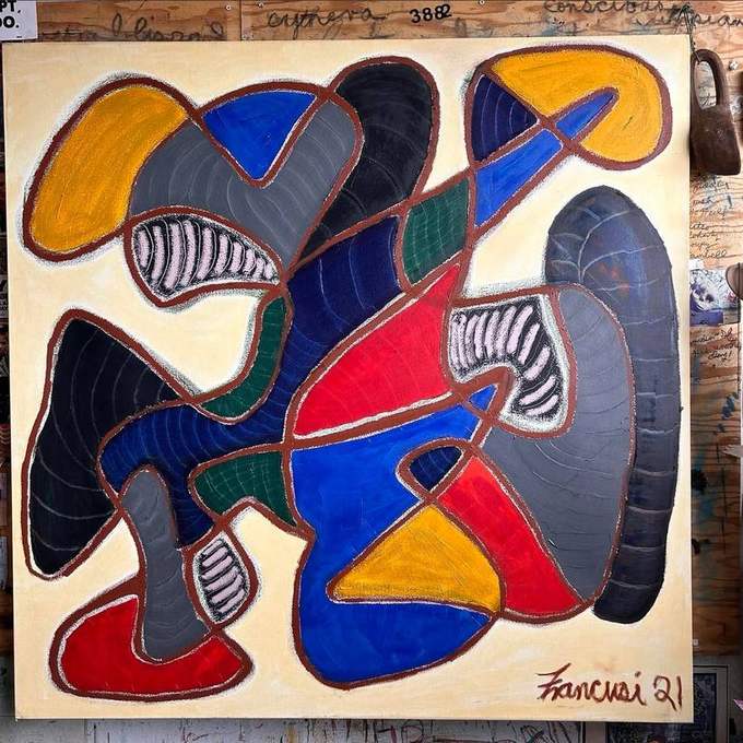 An untitled 2021 abstract painting in red, blue, yellow and grey